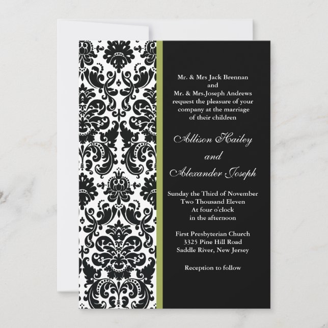 Black Damask with Green accent Wedding Invitation (Front)