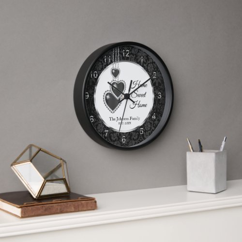 Black Damask with Hearts _ Home Sweet Home Clock