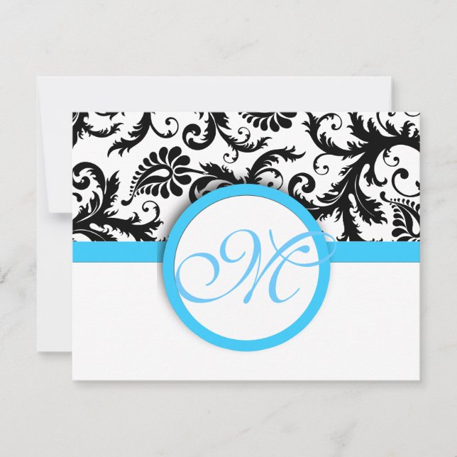 Black Damask With Light Bright Aqua Blue Wedding RSVP Card (Front)