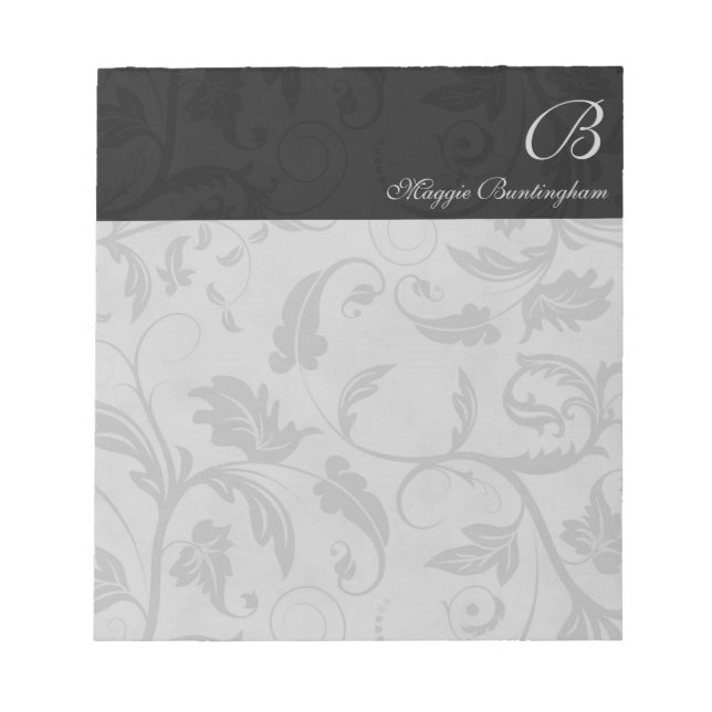 Black Damask with Name and Monogram Notepad (Front)