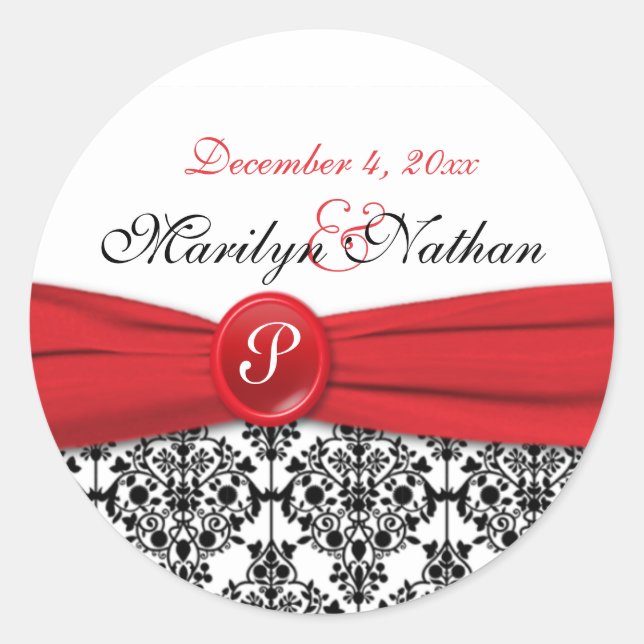 Black Damask with Poppy Red 1.5" Round Sticker (Front)