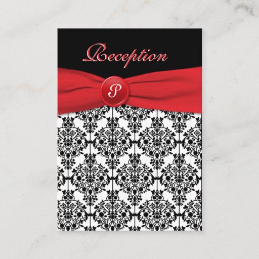 Customizable Black Damask with Poppy Red Reception Card Business Card Templates