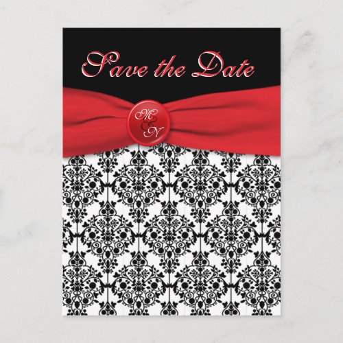 Black Damask with Poppy Red Save the Date Postcard