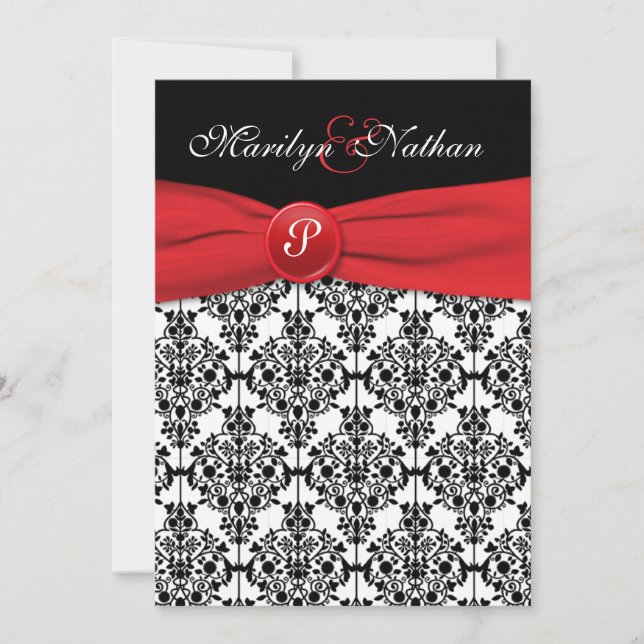 Black Damask with Poppy Red Wedding Invitation (Front)