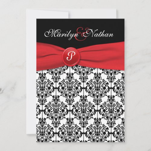 Black Damask with Poppy Red Wedding Invitation