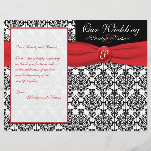 Black Damask with Poppy Red Wedding Program (Front)