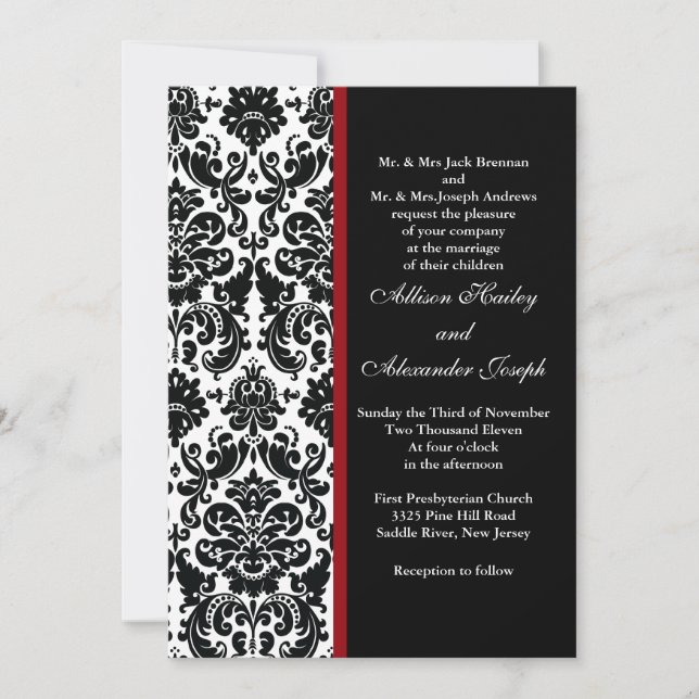 Black Damask with red accent Wedding Invitation (Front)