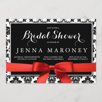 Black Damask With Red Ribbon Bridal Shower Invitation by GreenLeafDesigns at Zazzle