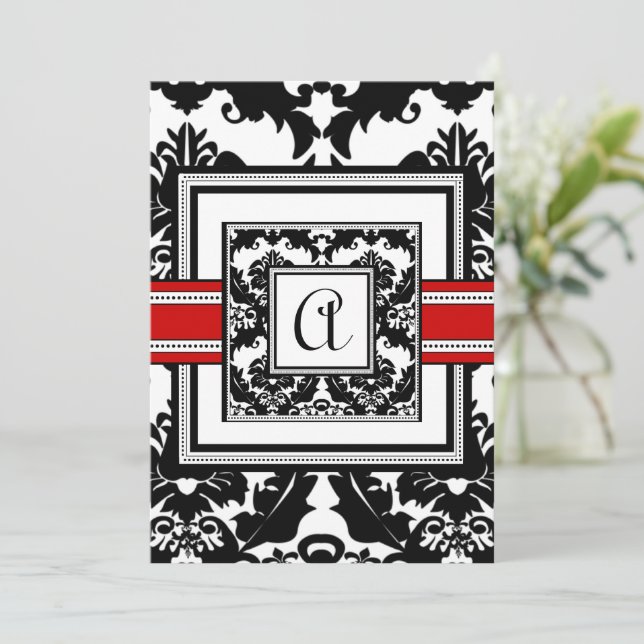 Black Damask with Red Trim Wedding Invitation (Standing Front)