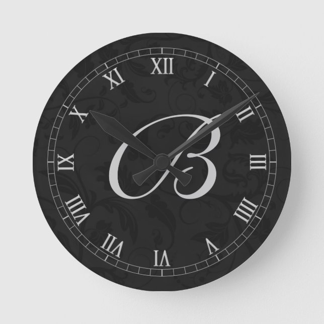 Black Damask with Roman Numerals and Monogram Round Clock (Front)