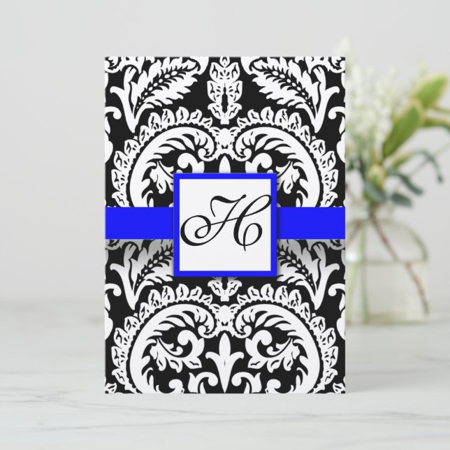 Black Damask with Royal Blue  Wedding Invitations (Standing Front)
