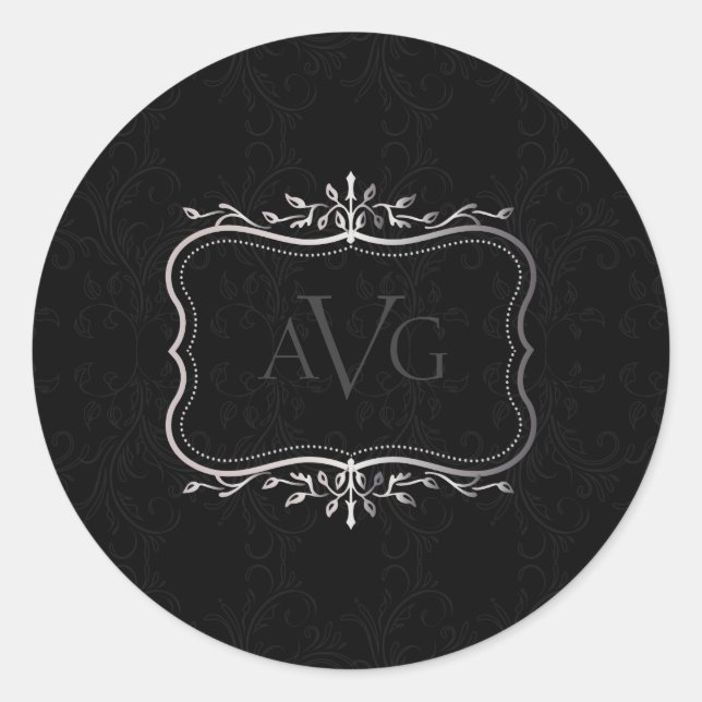 Black Damask with silver frame Classic Round Sticker (Front)