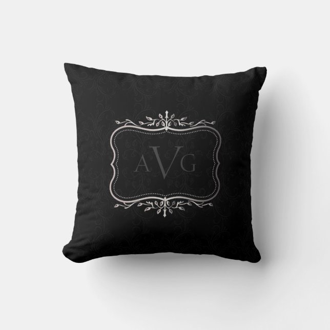 Black Damask with silver frame monogram Throw Pillow (Front)
