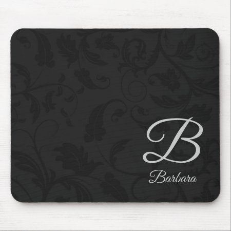 Black Damask With Silver Monogram Mouse Pad