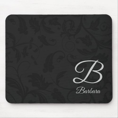 Black Damask with Silver Monogram Mouse Pad