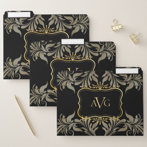 Black Damask with vintage gold frame monogram File Folder