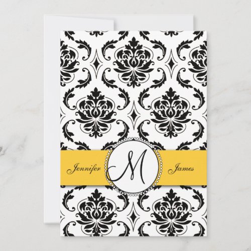 Black Damask Yellow Wedding 5 x 7 Invitation