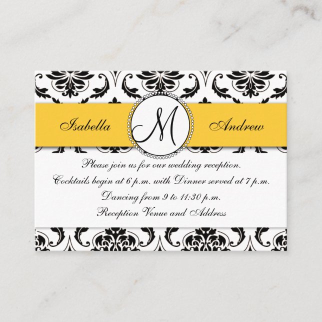 Black Damask Yellow Wedding Reception Card (Front)