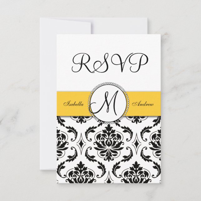 Black Damask Yellow Wedding RSVP (Front)