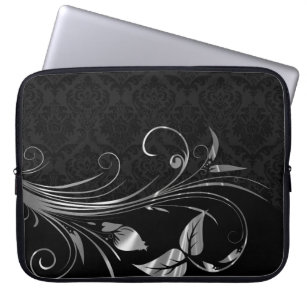 Black Damasks And Metallic Silver Floral Swirls Laptop Sleeve