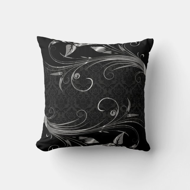 Black Damasks And Metallic Silver Floral Swirls Throw Pillow (Front)