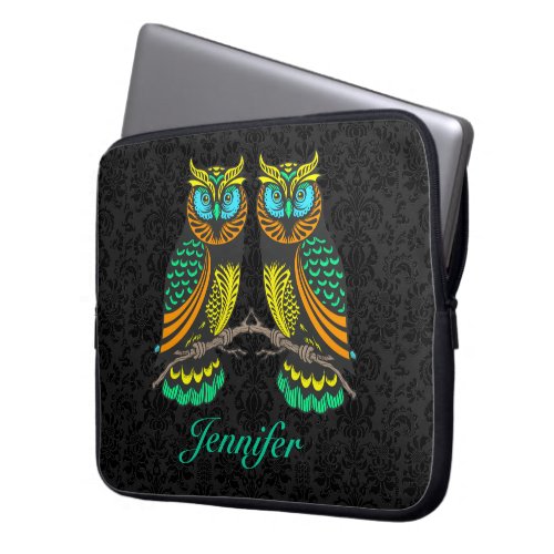 Black Damasks Colorful Abstract Pair Of Owls Laptop Sleeve