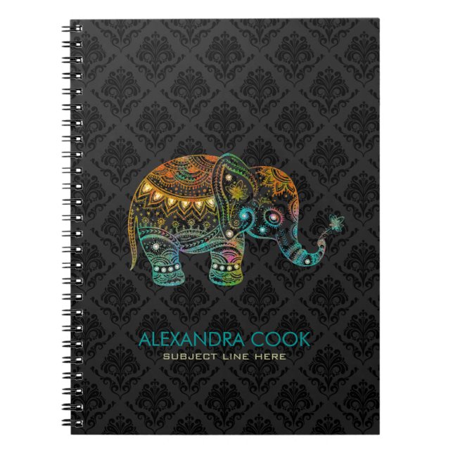Black Damasks Colorful Floral Elephant 2 Notebook (Front)