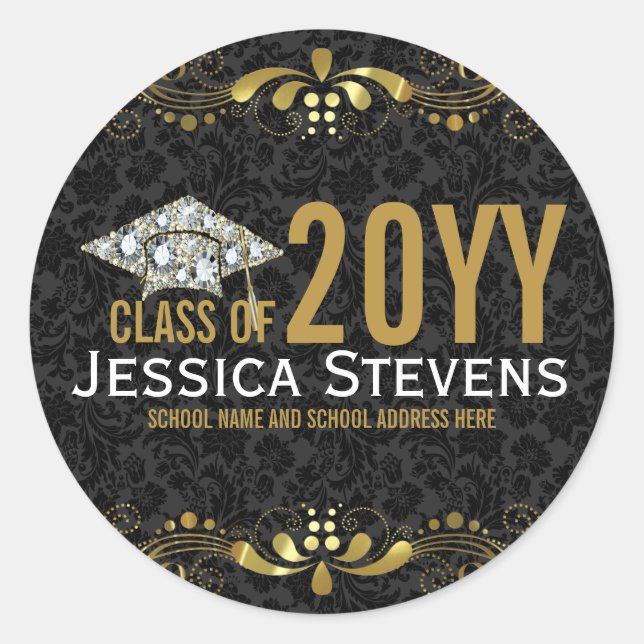 Black Damasks Faux Gold Lace & Diamonds Grad Hat Classic Round Sticker (Front)