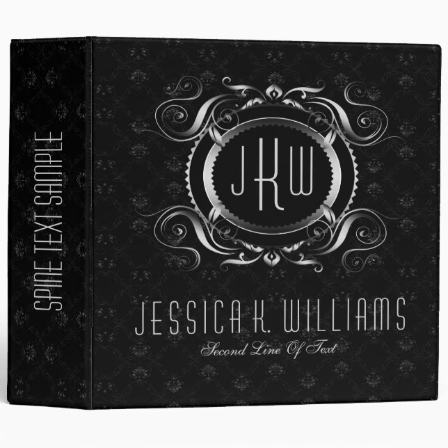 Black Damasks Floral Silver Baroque Floral Frame Binder (Front/Spine)