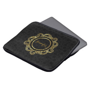 Black Damasks Gold Floral Circle Monogram Laptop Sleeve