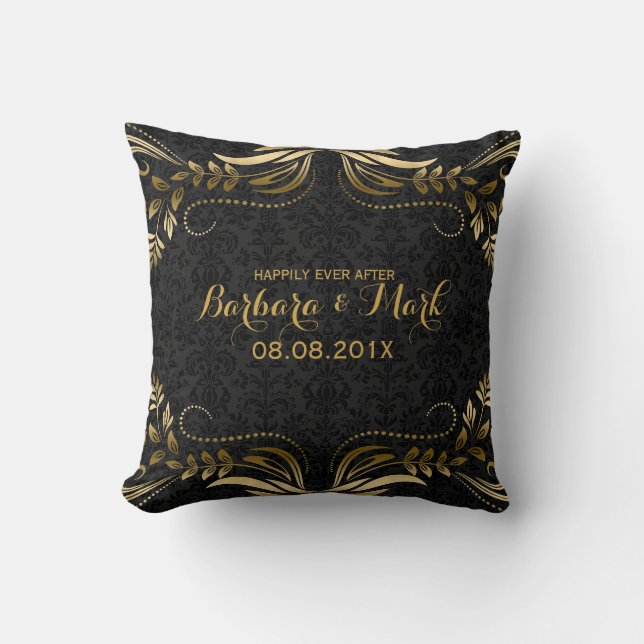 Black Damasks & Gold Floral Lace Throw Pillow (Front)