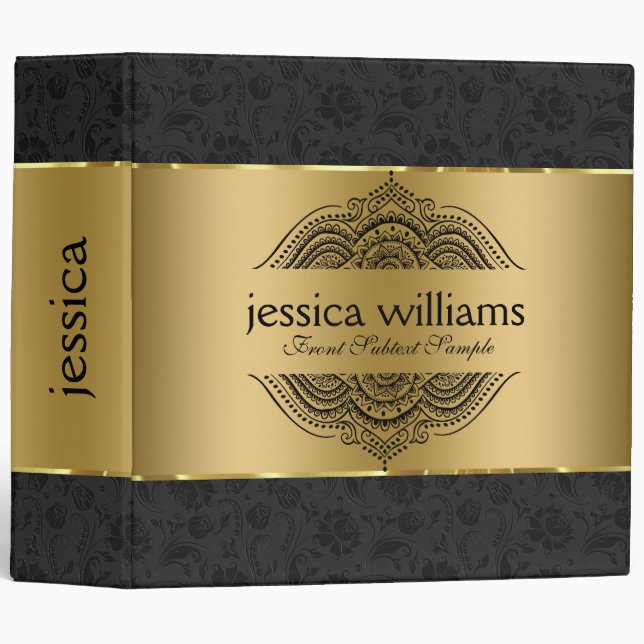 Black Damasks Gold Stripes Black Lace Frame Binder (Front/Spine)