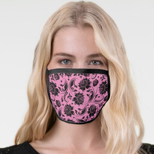 Black damasks on pink face mask