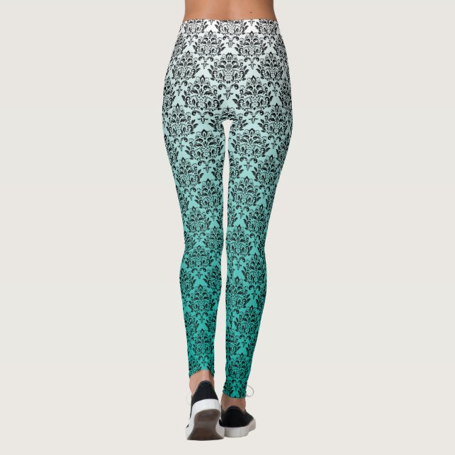 Black damasks on white to green ombre leggings (Back)