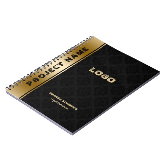 Black Damasks Pattern Gold Stripe Accent Notebook (Left Side)