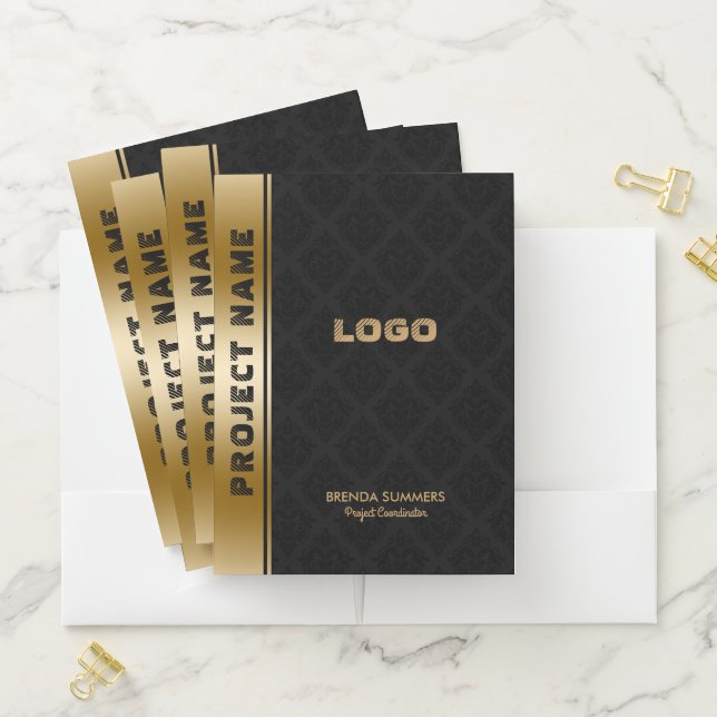 Black Damasks Pattern Gold Stripe Accent Pocket Folder (In Situ)