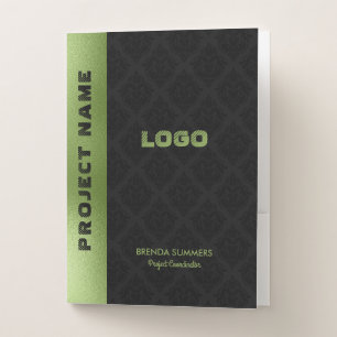 Black Damasks Pattern Green Stripe Accent Pocket Folder