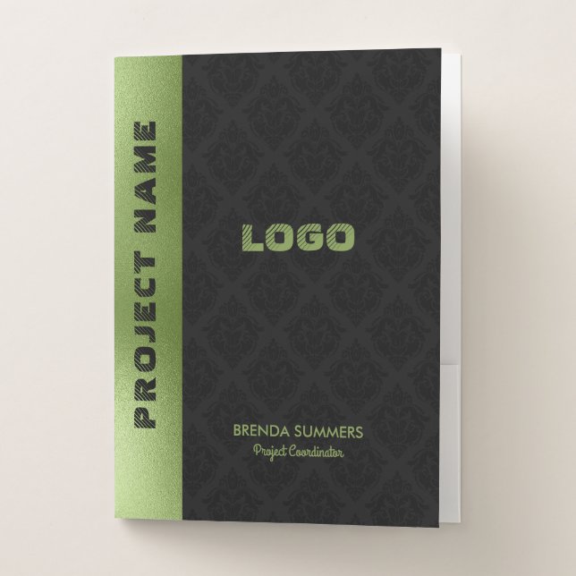 Black Damasks Pattern Green Stripe Accent Pocket Folder (Front)