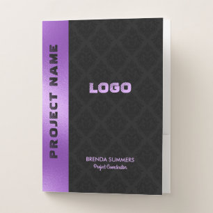 Black Damasks Pattern Purple Stripe Accent Pocket Folder
