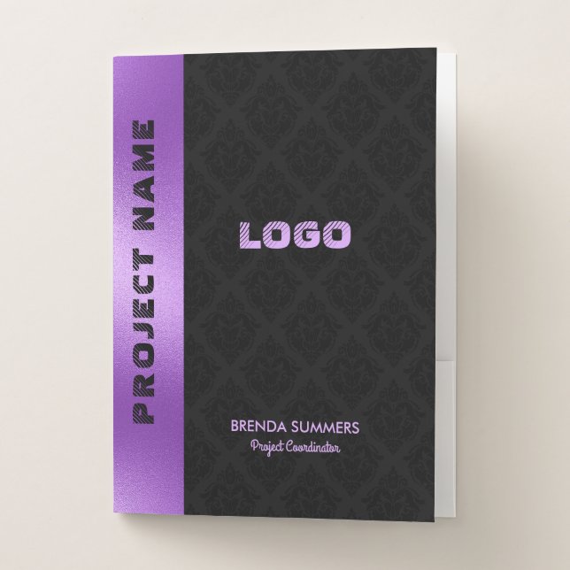 Black Damasks Pattern Purple Stripe Accent Pocket Folder (Front)