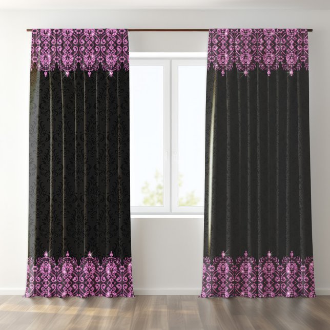 Black Damasks Pink Glitter Floral Border Blackout Curtains (Creator Uploaded)