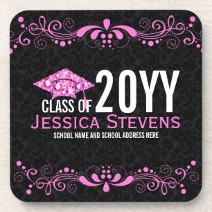 Black Damasks Pinke Lace & Diamonds Hat Grad 2015 Beverage Coaster