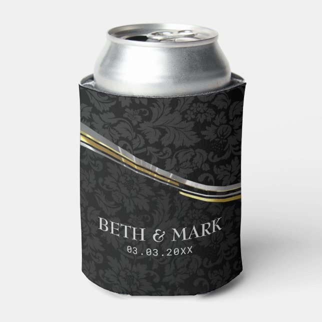 Black Damasks Silver & Gold Accents Can Cooler (Can Front)