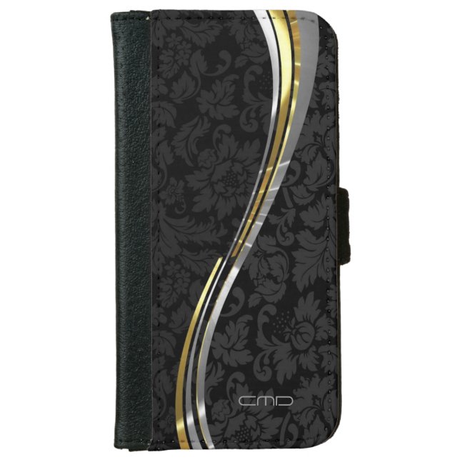 Black Damasks Silver & Gold Accents iPhone Wallet Case (Front)