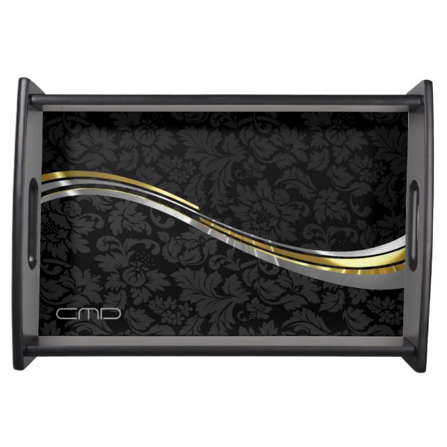Black Damasks Silver & Gold Accents Serving Tray (Front)