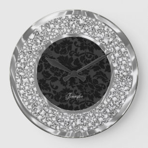 Black Damasks Sparkling Faux Diamonds Glitter Large Clock