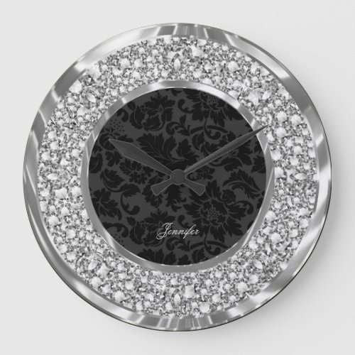Black Damasks Sparkling Faux Diamonds Glitter Large Clock