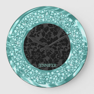 Black Damasks Sparkling Green Diamonds Glitter Large Clock