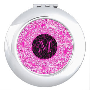 Black Damasks Sparkling Pink Diamonds Glitter Makeup Mirror