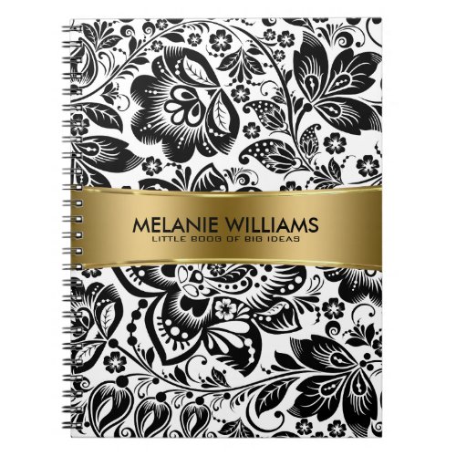 Black Damasks White Background Gold Accent Notebook